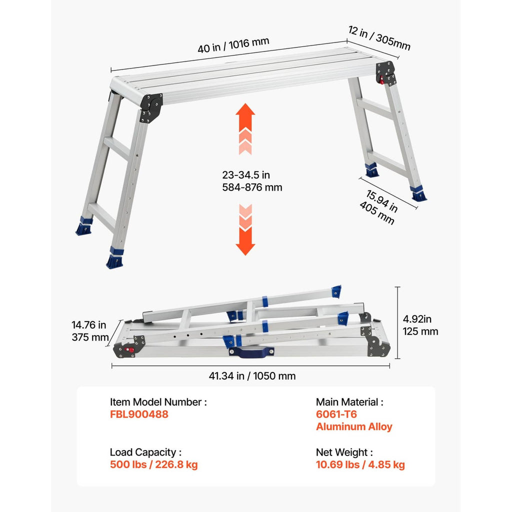Adjustable folding work platform stool with height markings, white aluminum frame