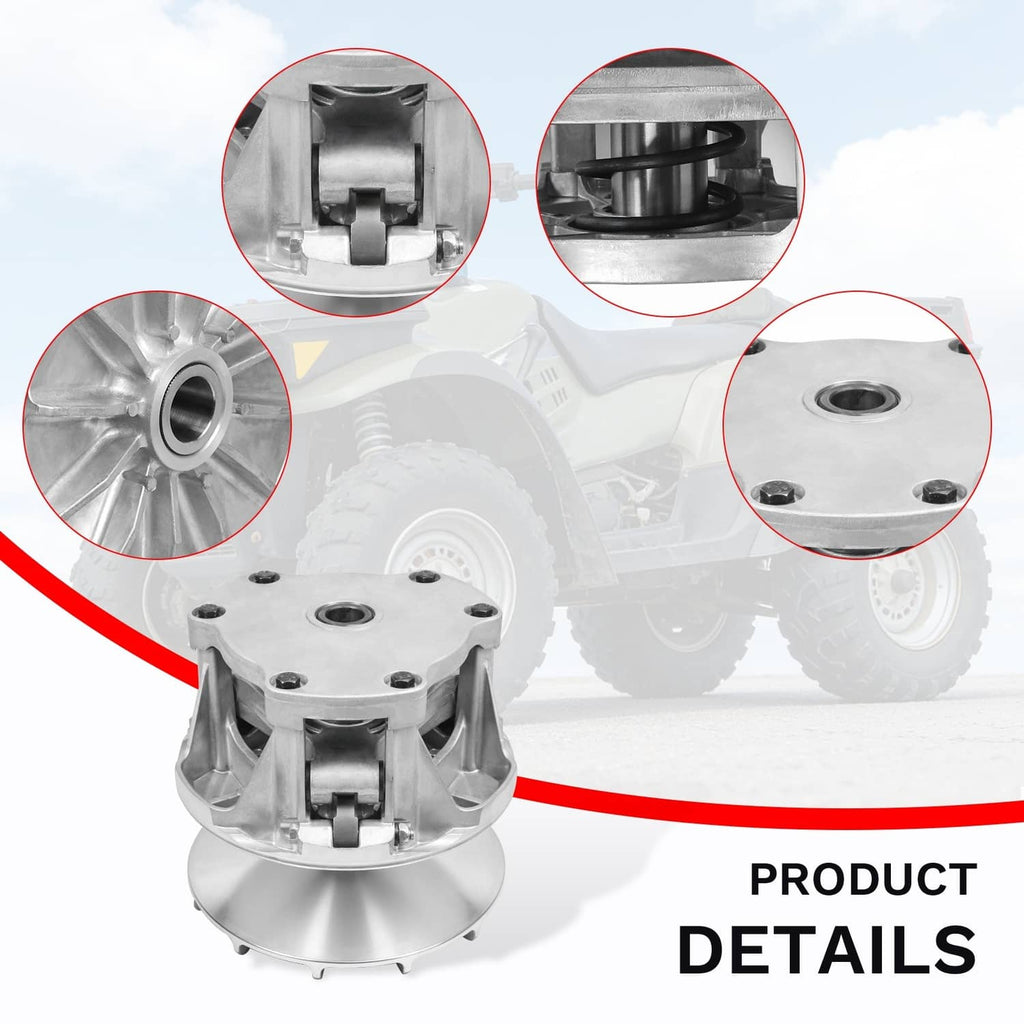 Silver primary drive clutch assembly with side cutouts, mounting holes, and center bore