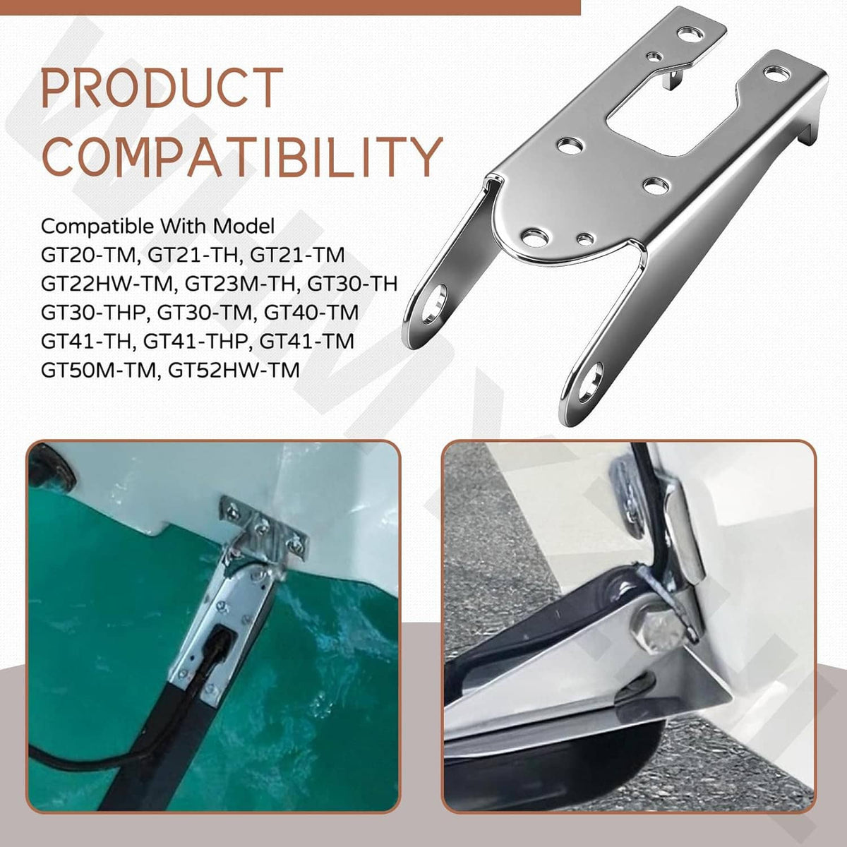 Stainless steel transom mount bracket with spray shield and screw attachment points