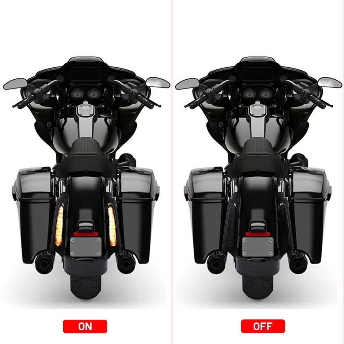 Motorcycle rear with LED tail light fascia, lights on and off views