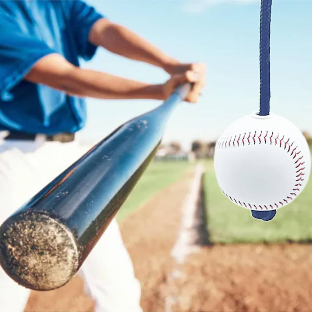 Baseball tether ball training aid, white ball attached to black training cord