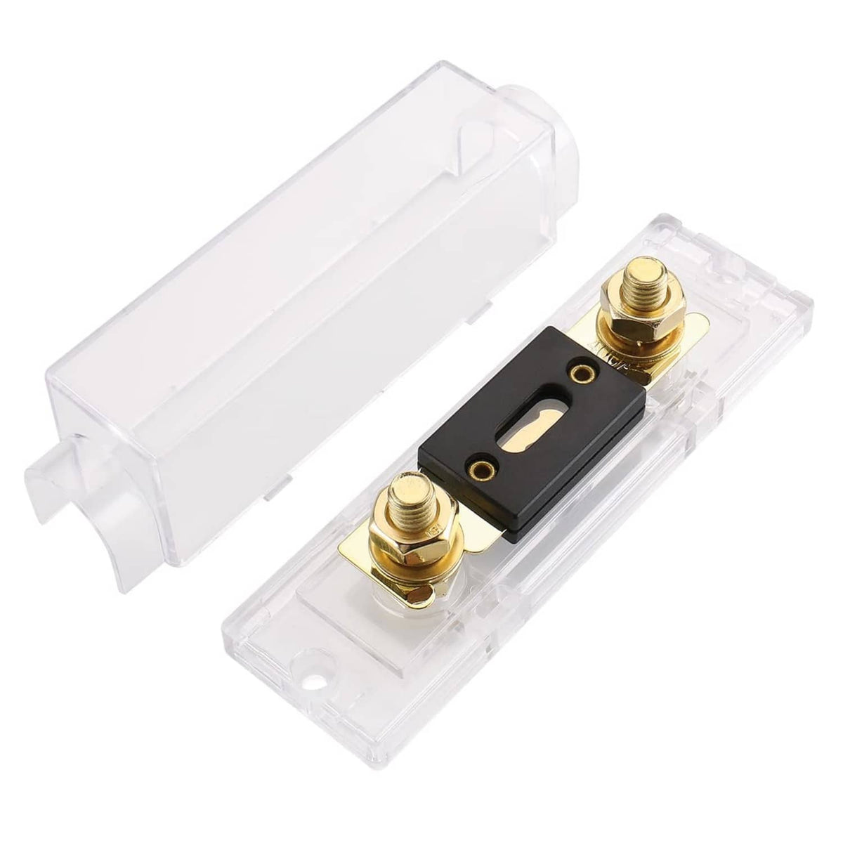 ANL fuse holder with clear cover, two gold terminals, and mounting base