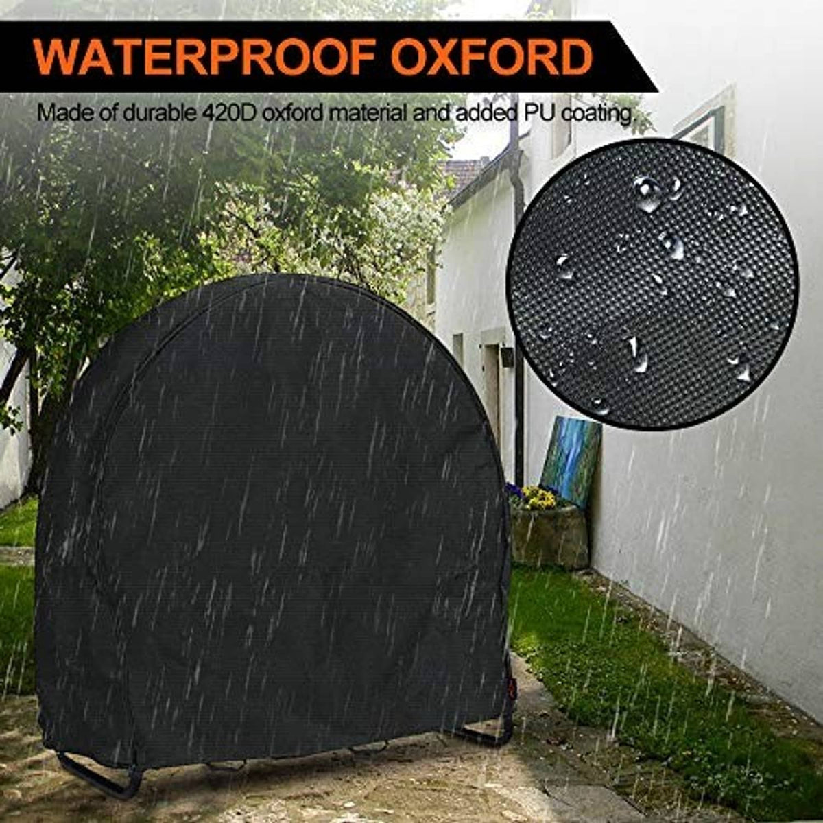 Black round firewood log rack cover outdoors with water droplets on fabric