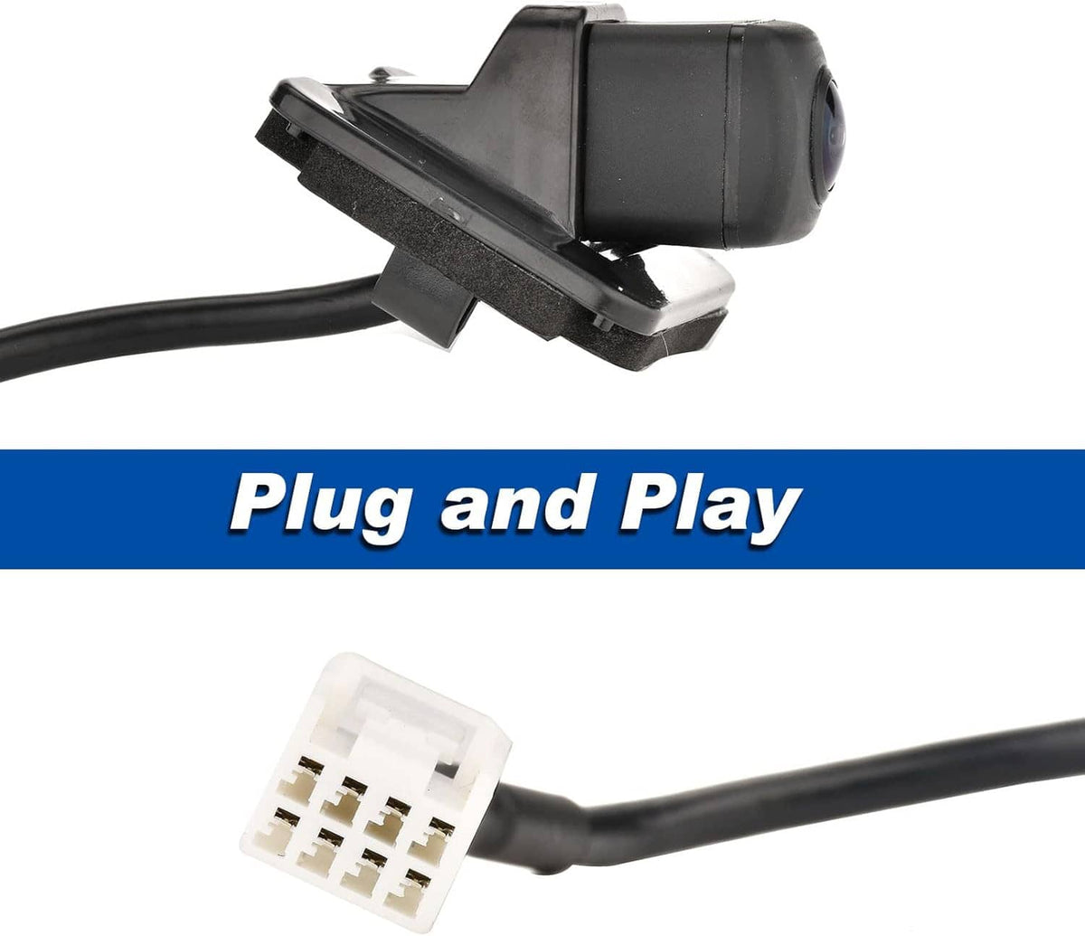 Backup camera with wiring lead and plug-and-play connector