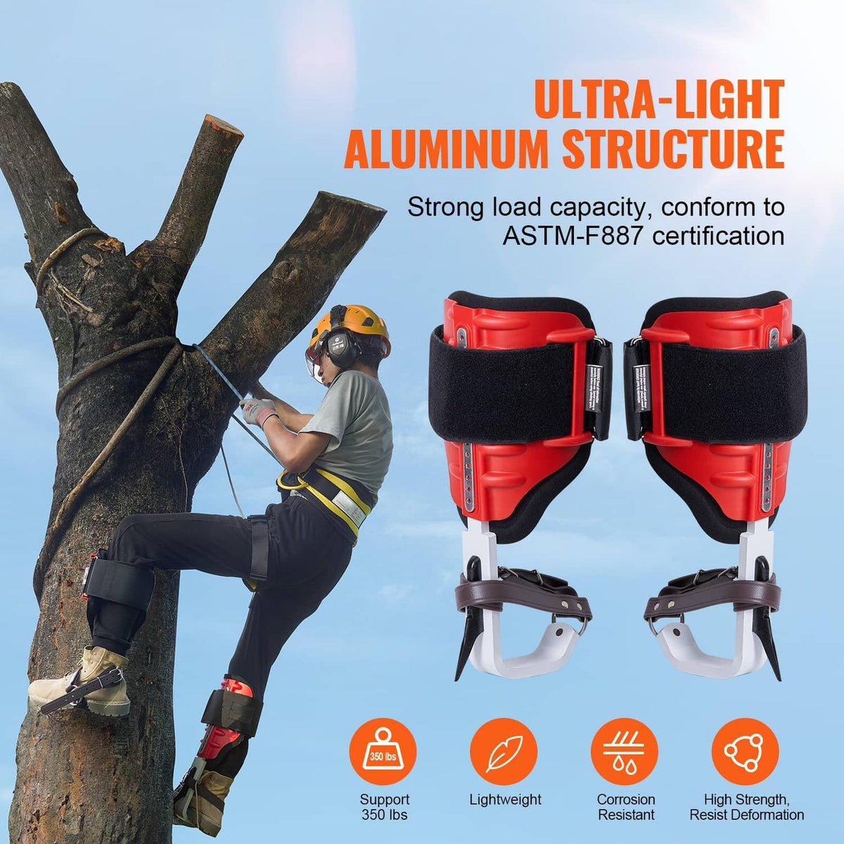 Tree climbing spikes set on a climber leg with black padding and red aluminum-style frame