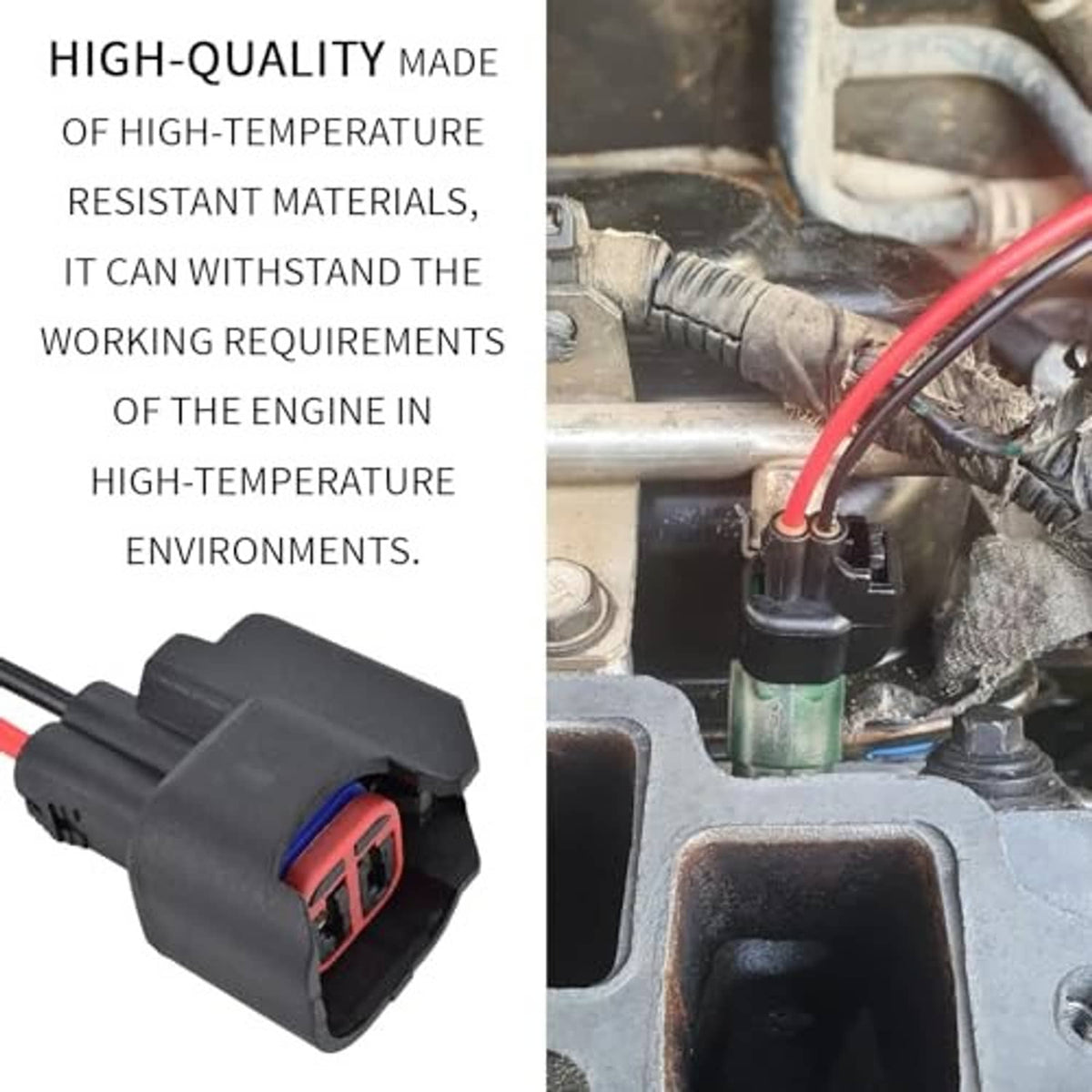 Black fuel injector connector pigtail with red latch and red wire near engine parts