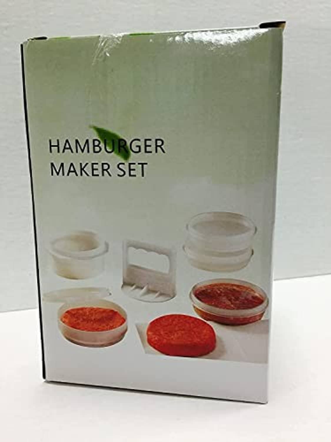 Hamburger maker set retail box showing white freezer containers and burger patties
