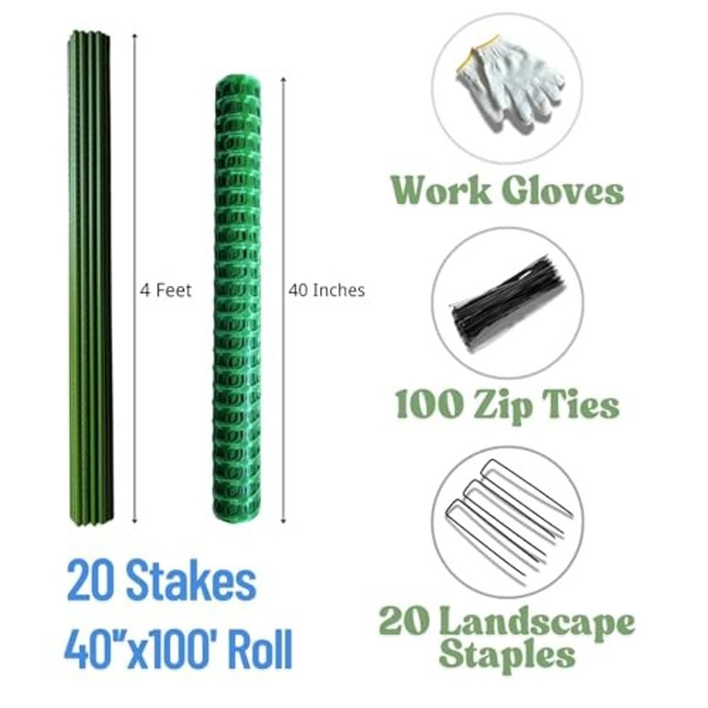 Green plastic fence roll kit shown with 20 stakes, landscape staples, and zip ties.