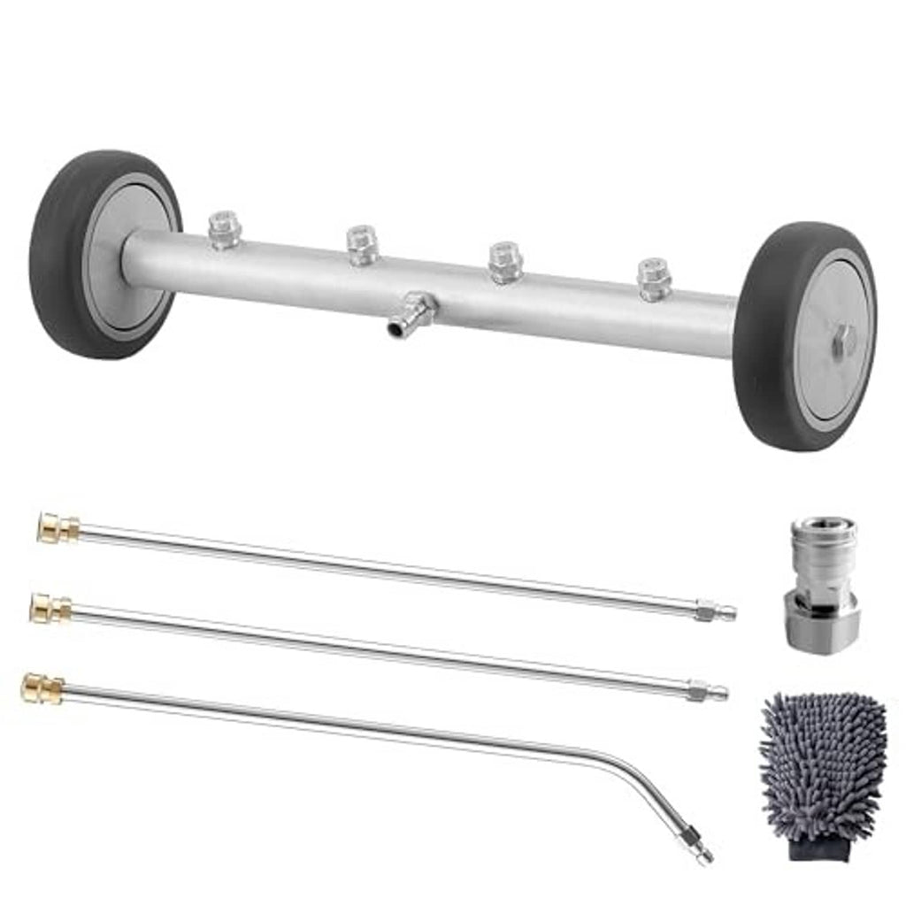 Undercarriage pressure washer attachment kit with 16-inch wand, wheels, connectors, and brush