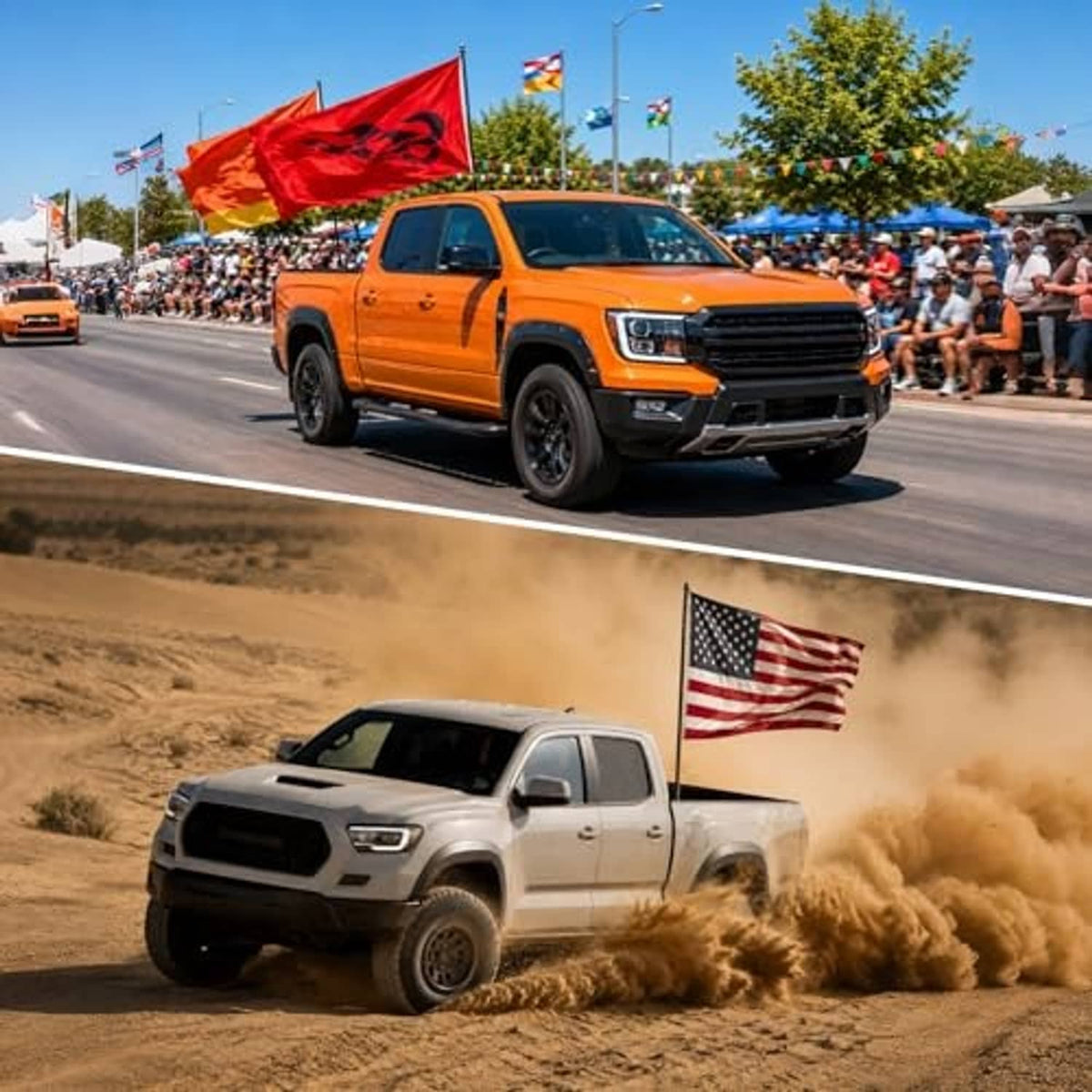 Pickup truck with black flag pole mount kit and flag, driving on road.