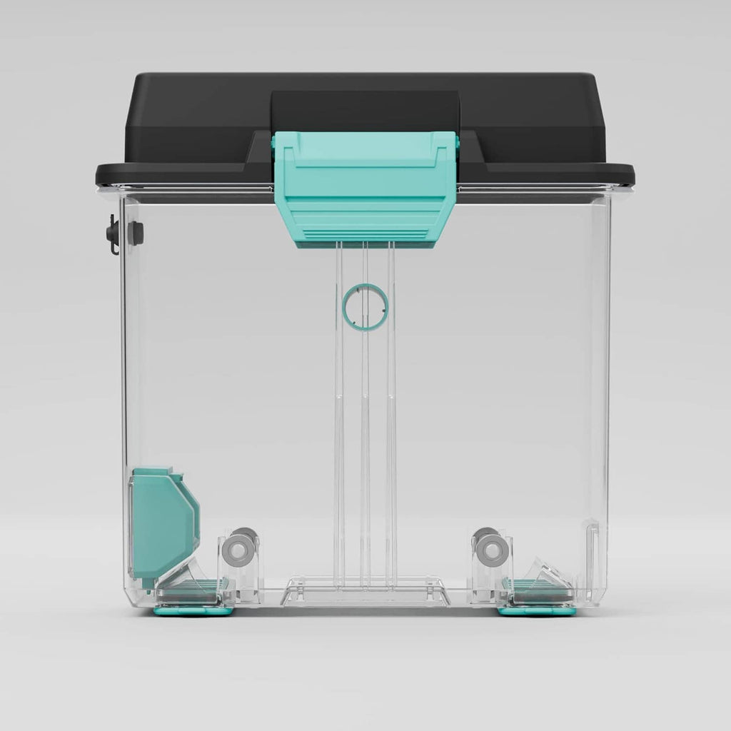 3D filament drying box open chamber with turquoise top unit and central filament guide path