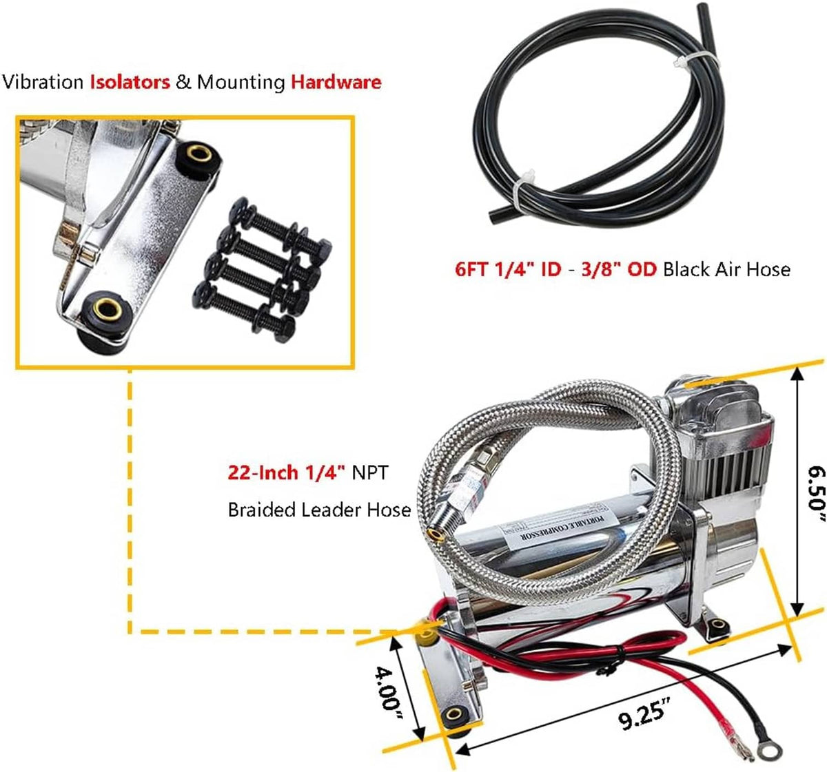 Compact air compressor unit with braided hose, mounting base, and black air hose