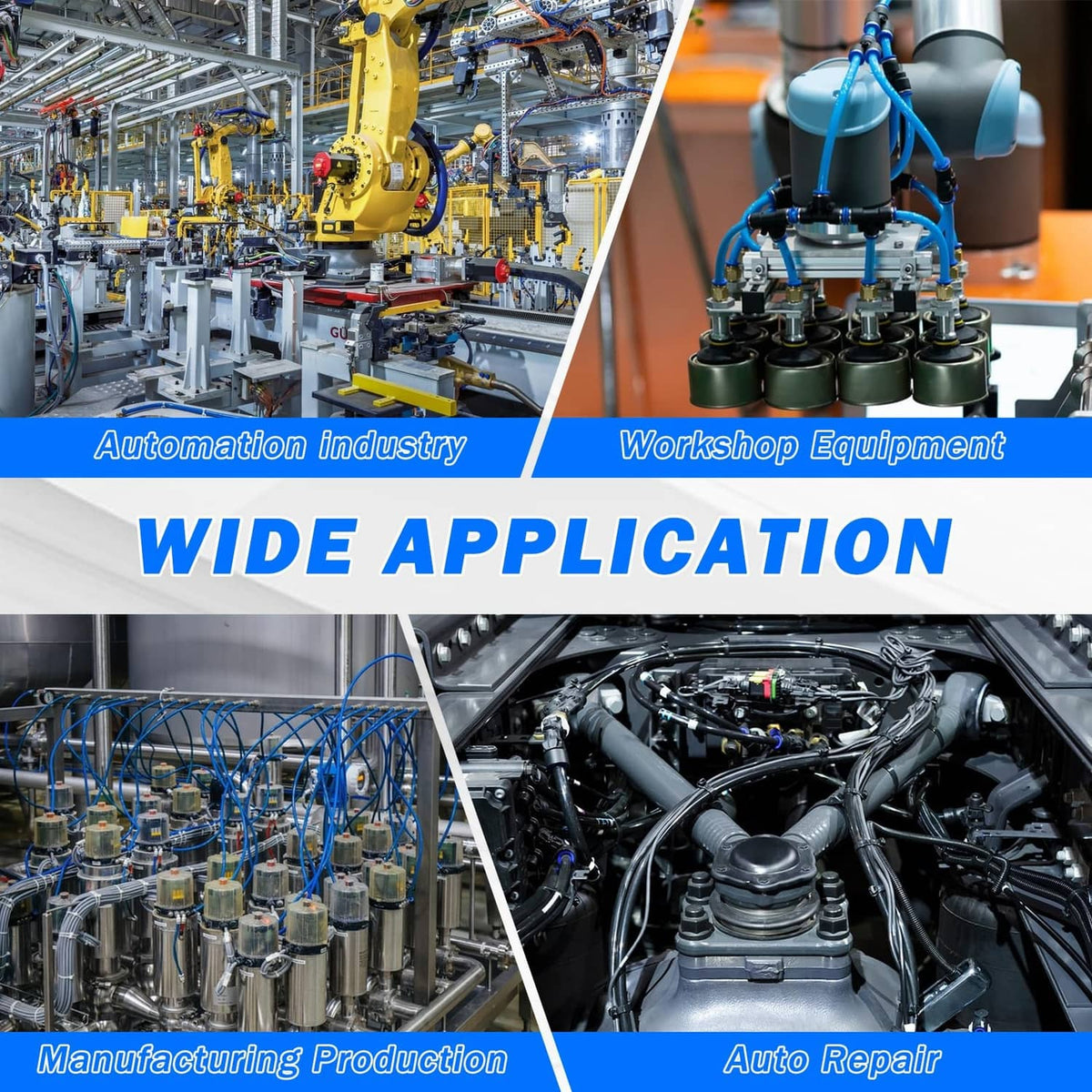 Blue and black pneumatic tubing lines connected to machine ports in workshop settings