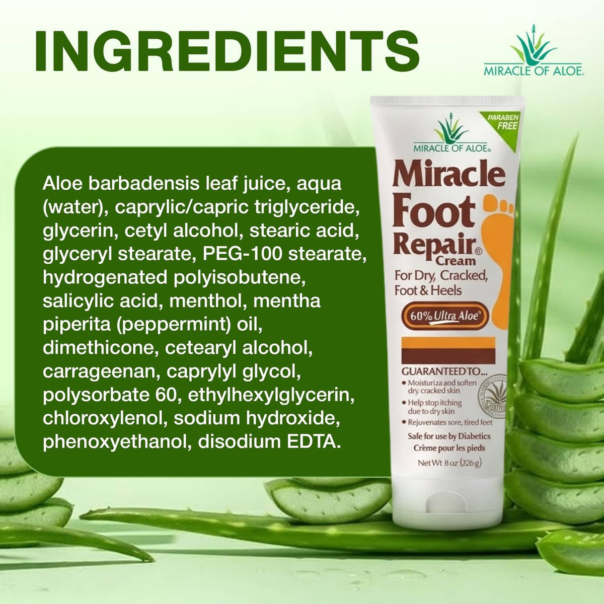 Foot repair cream ingredients panel beside Miracle of Aloe foot repair cream tube