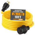 Yellow generator extension cord with L6-30P male and L6-30R female 10 ft connectors