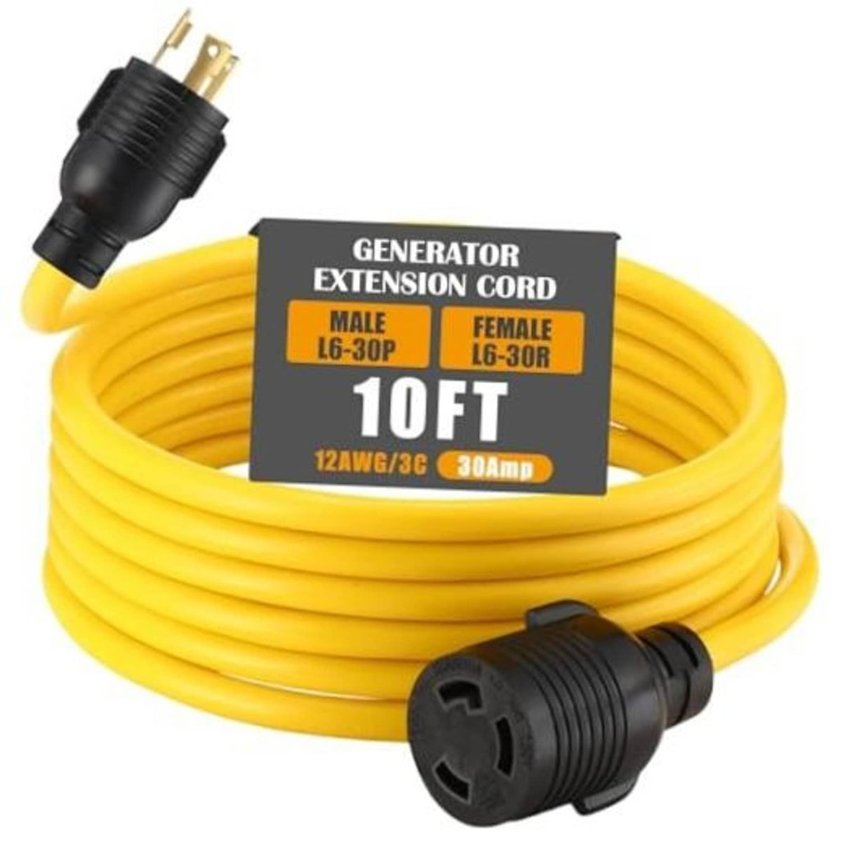 Yellow generator extension cord with L6-30P male and L6-30R female 10 ft connectors