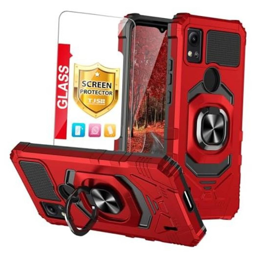 Red rugged phone case with screen protector glass and built-in ring stand