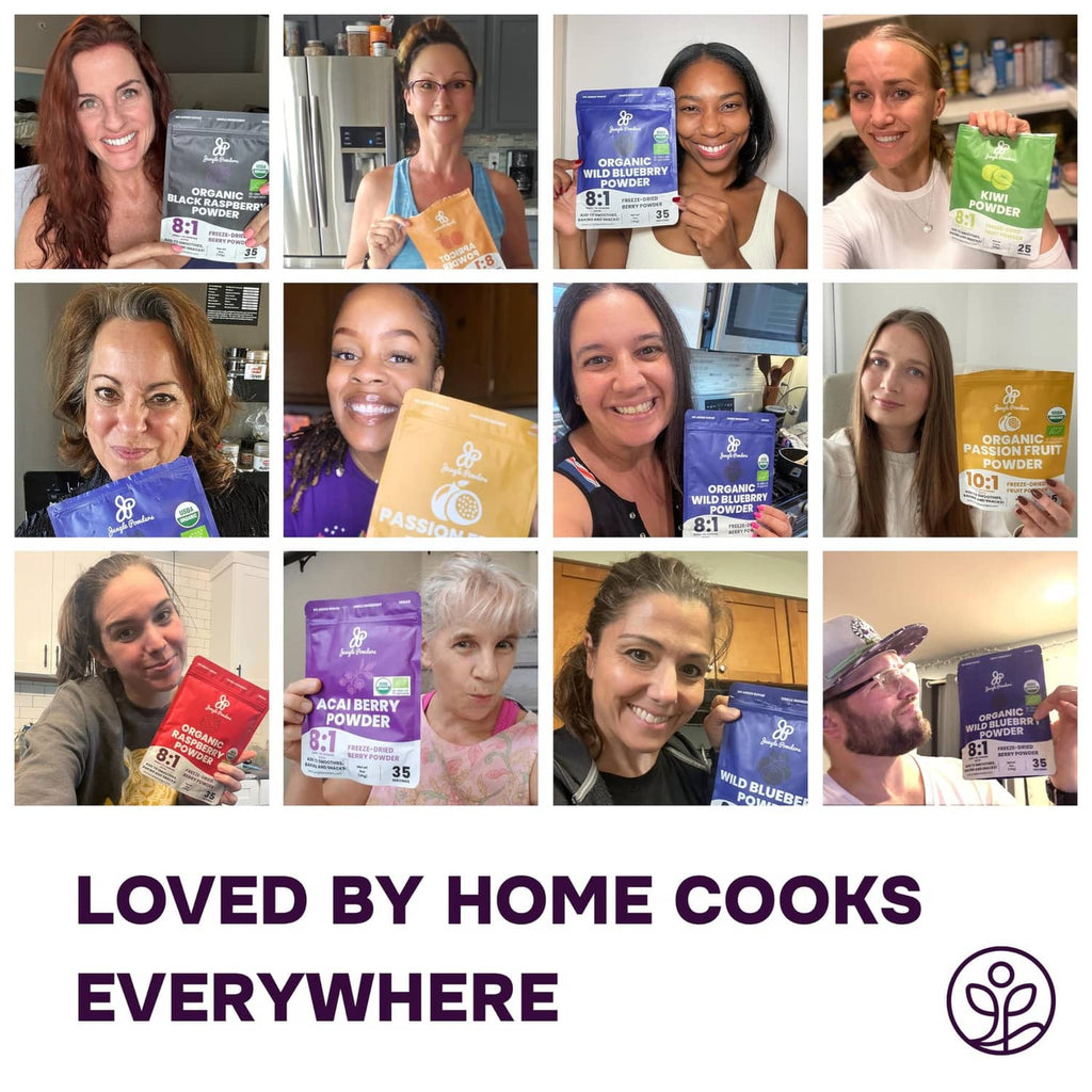 People holding black raspberry powder bags in a collage-style promotion