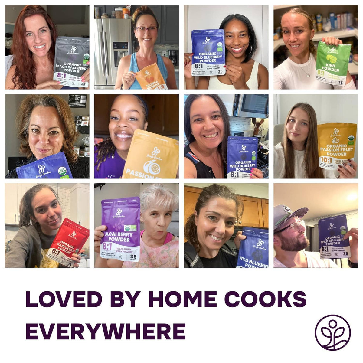 People holding black raspberry powder bags in a collage-style promotion