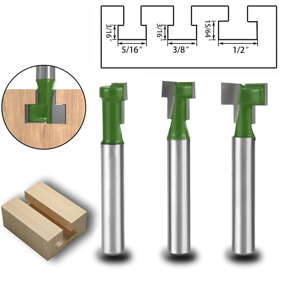 Three keyhole router bits with green heads; sizes 5/16, 3/8, 1/2 in shown