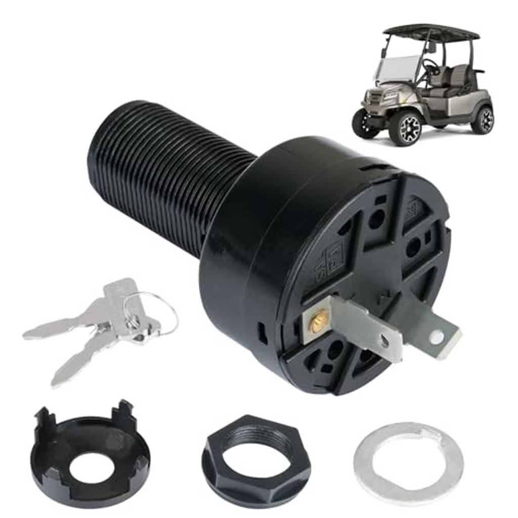Black ignition key switch cylinder with two keys, terminal contacts, and mounting nut