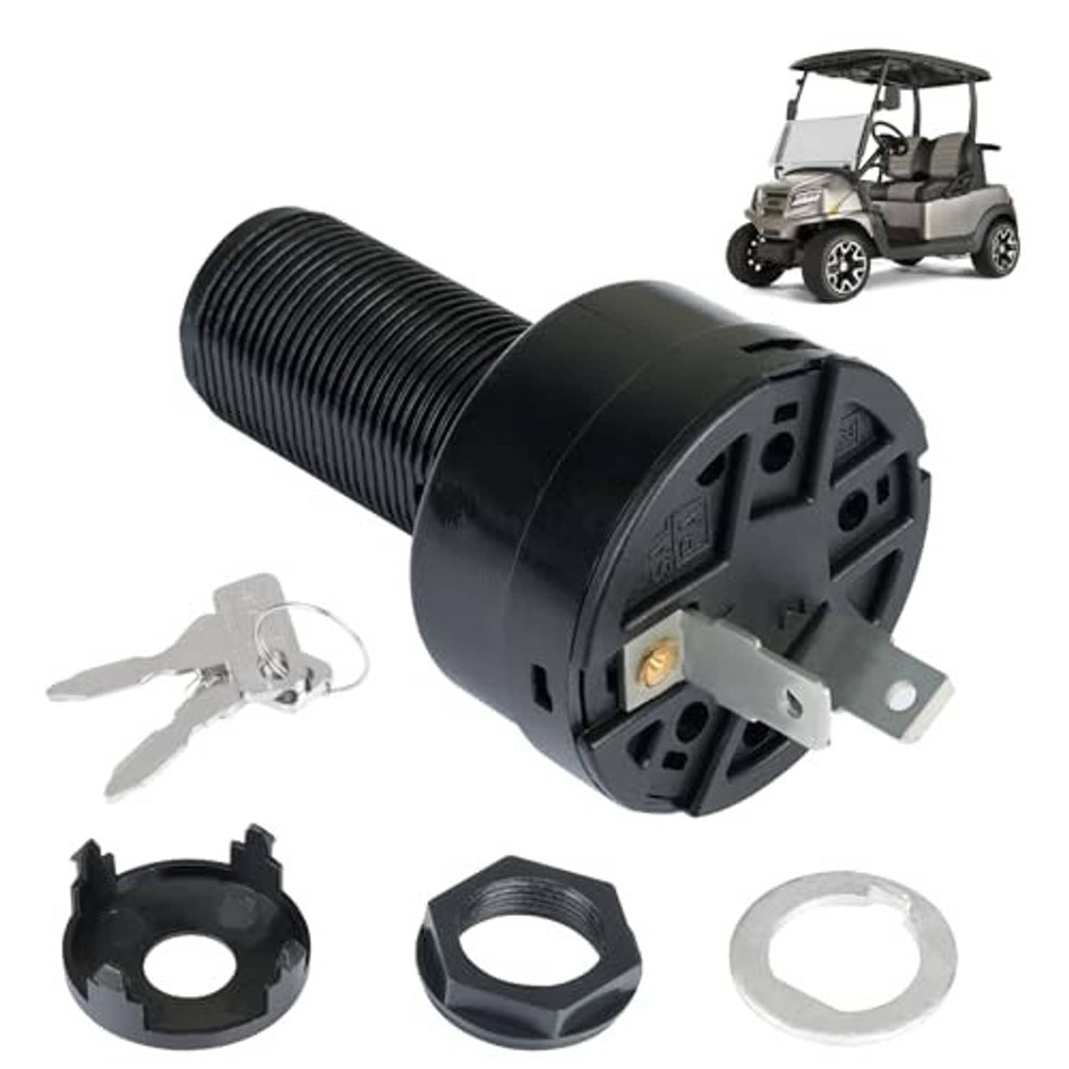 Black ignition key switch cylinder with two keys, terminal contacts, and mounting nut