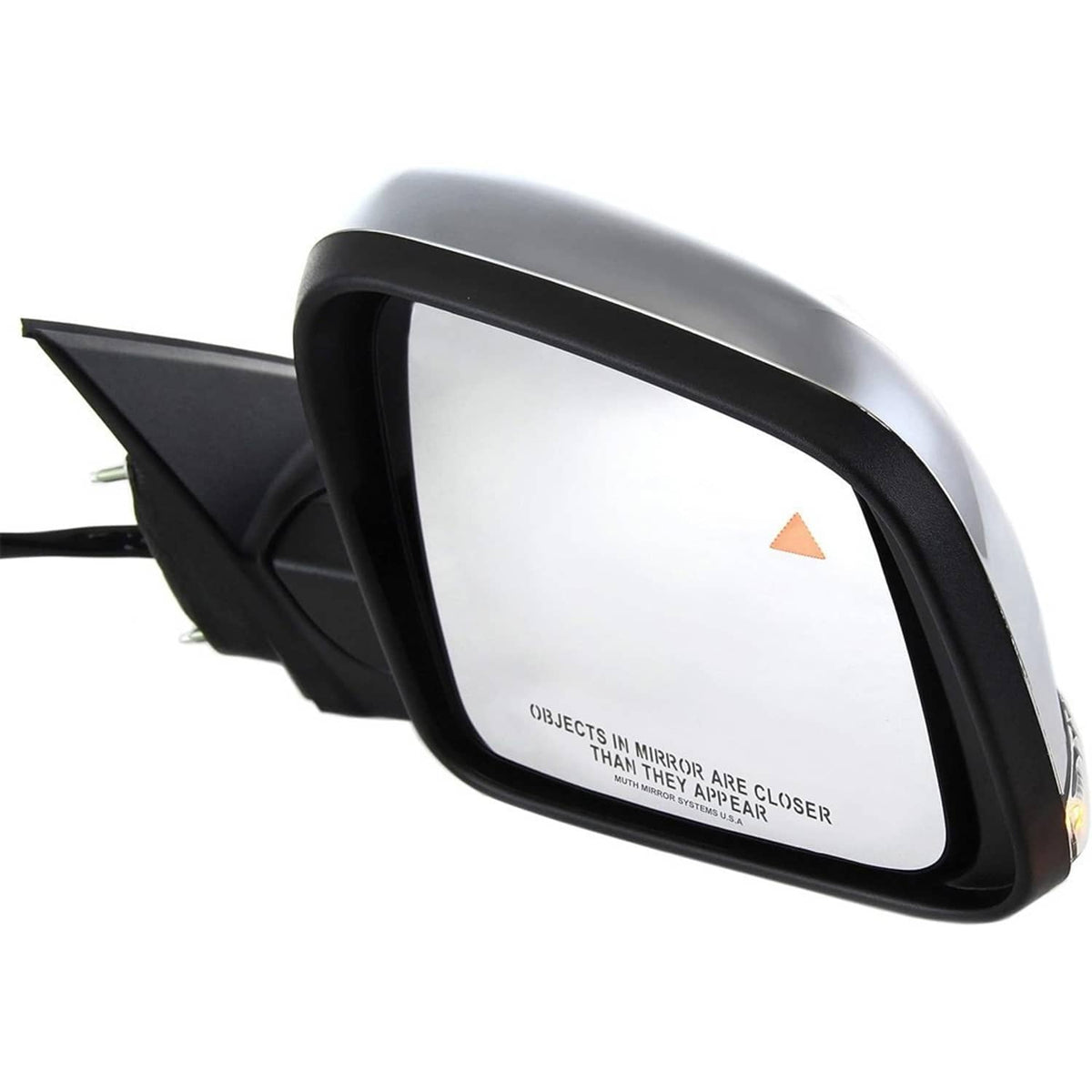 Passenger-side blind spot mirror glass in black frame with warning text