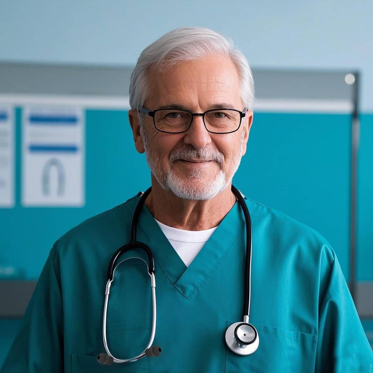 Black stethoscope ear tips on a clinician’s stethoscope