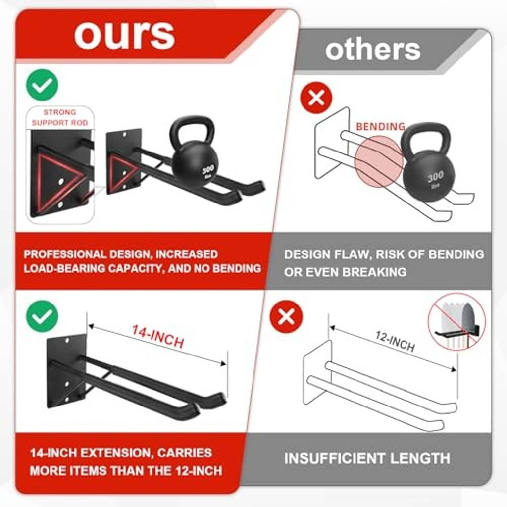 Black steel garage hooks with curved rubber grips and wall-mount bracket plates