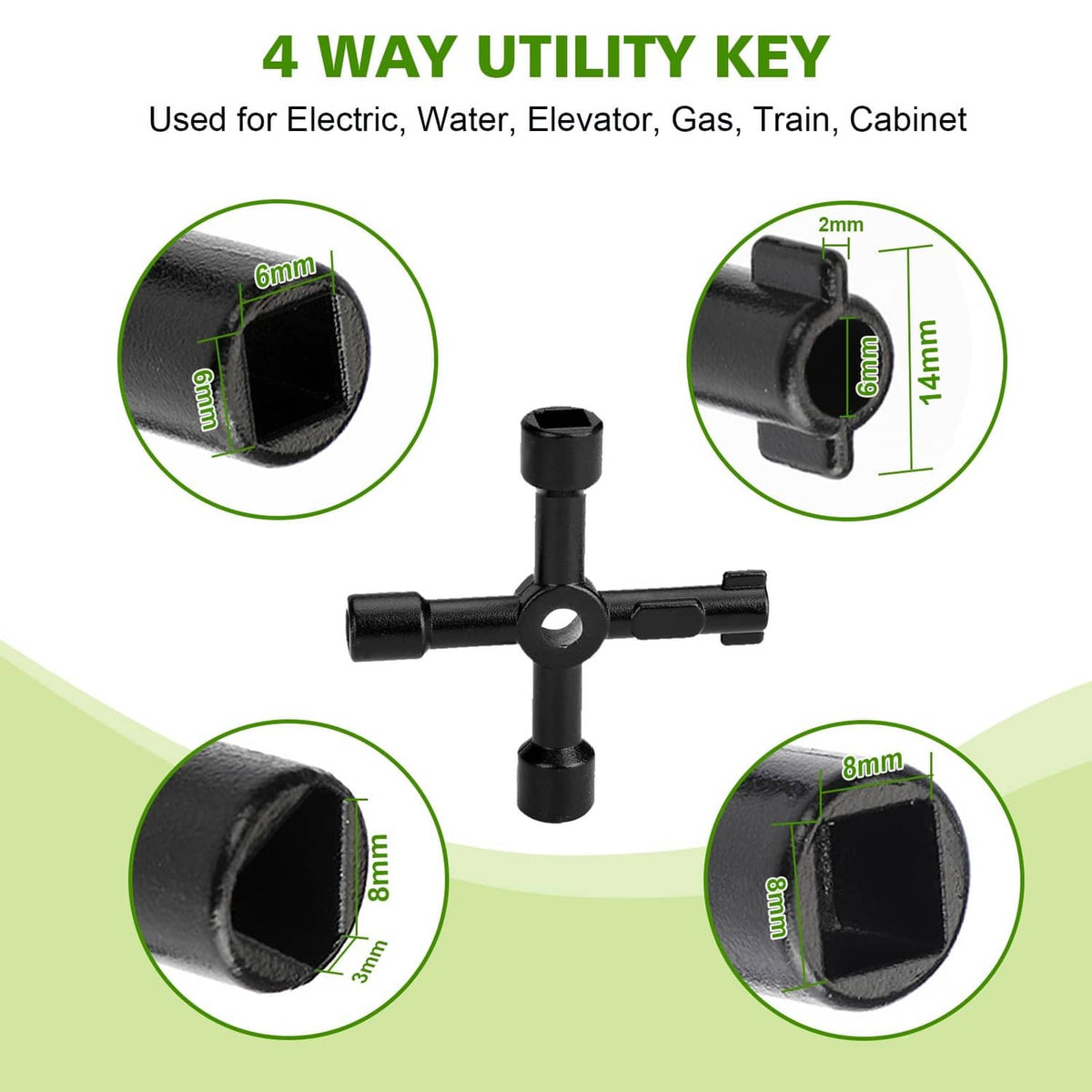 Black four-way utility key with cross head and textured hex socket tips