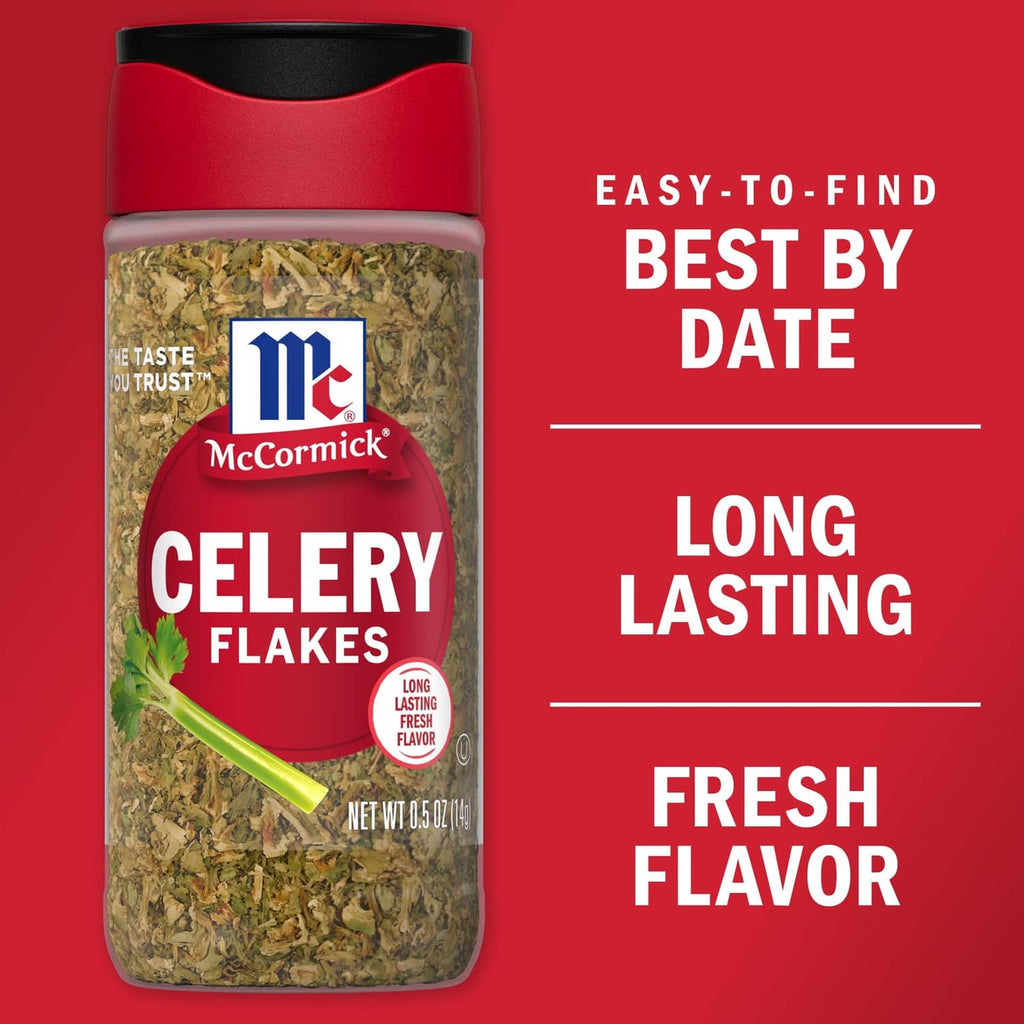 McCormick celery flakes bottle, red label with green dried flakes in jar