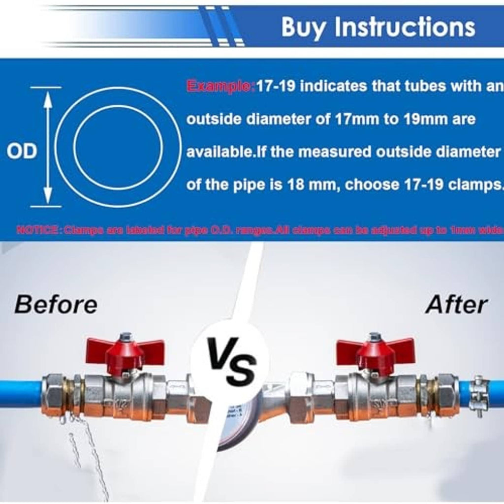 T-bolt hose clamps fitted to metal pipe, before-and-after comparison