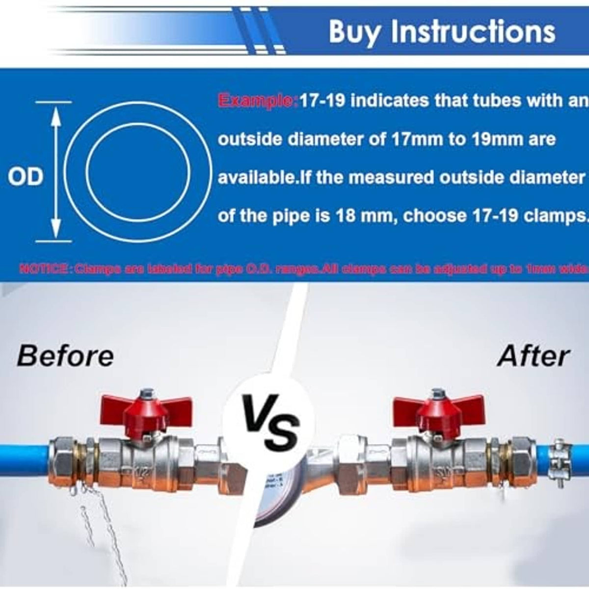 T-bolt hose clamps fitted to metal pipe, before-and-after comparison