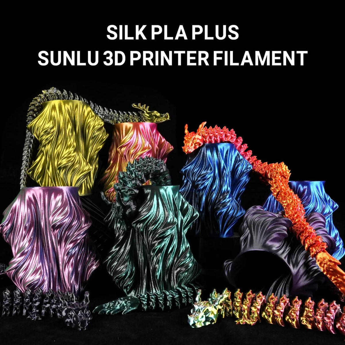 Silk PLA Plus filament for 3D printing with multicolor animal figurines