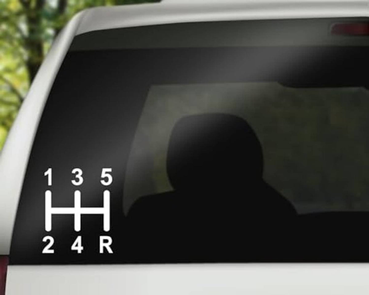 Car 5-speed manual shift decal on window, white 1-5 and H pattern with R