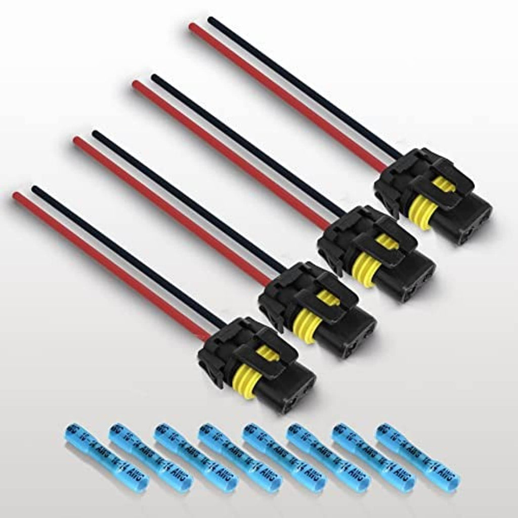 Bundle of four female headlight pigtail sockets with black housings and red/black wires