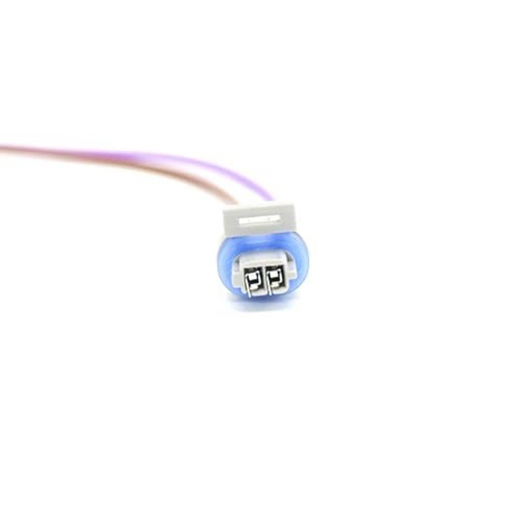 Close-up sensor wiring connector pigtail with blue housing and two metal terminals