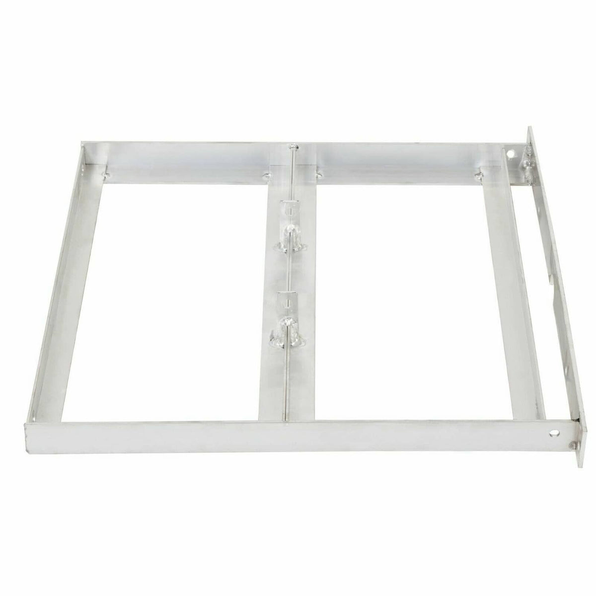 Aluminum 36V battery tray frame viewed from front, side rails and cross brace