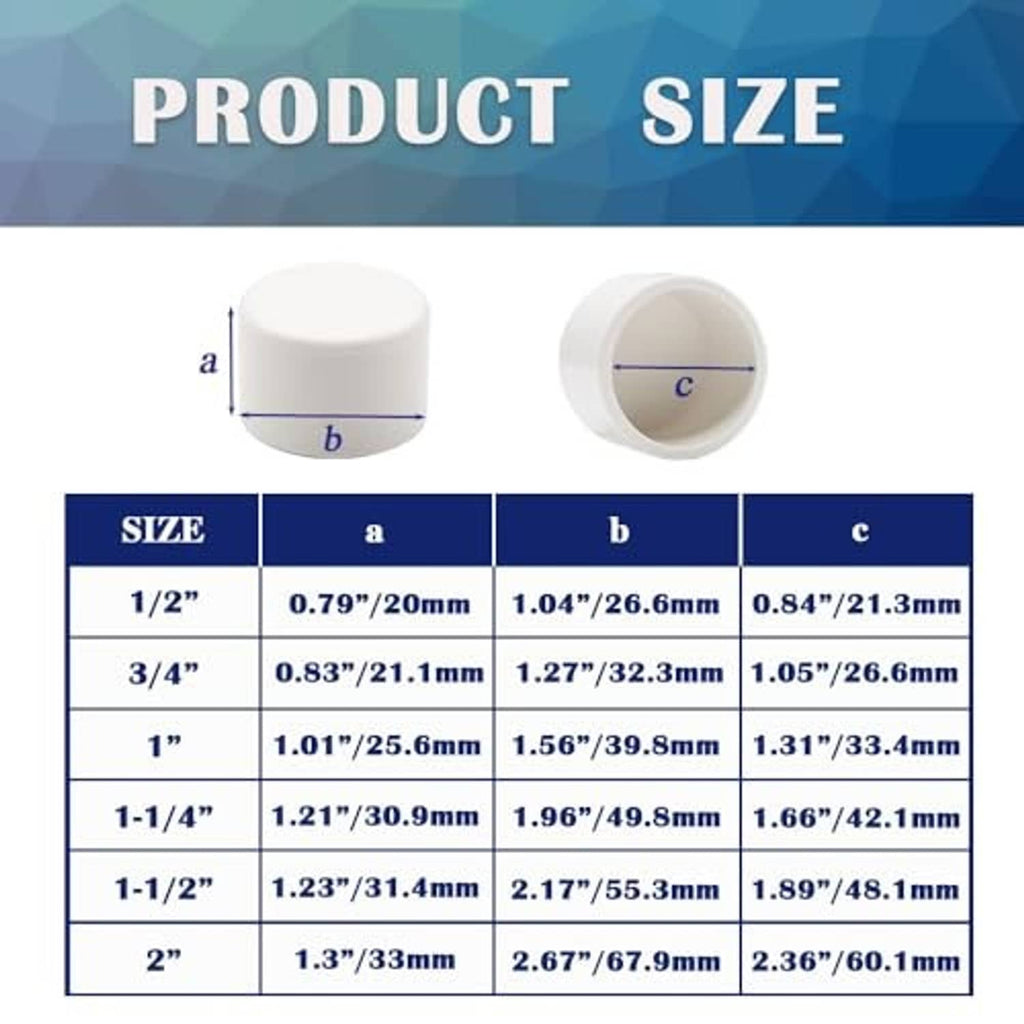 White PVC pipe end cap cross-section size diagram