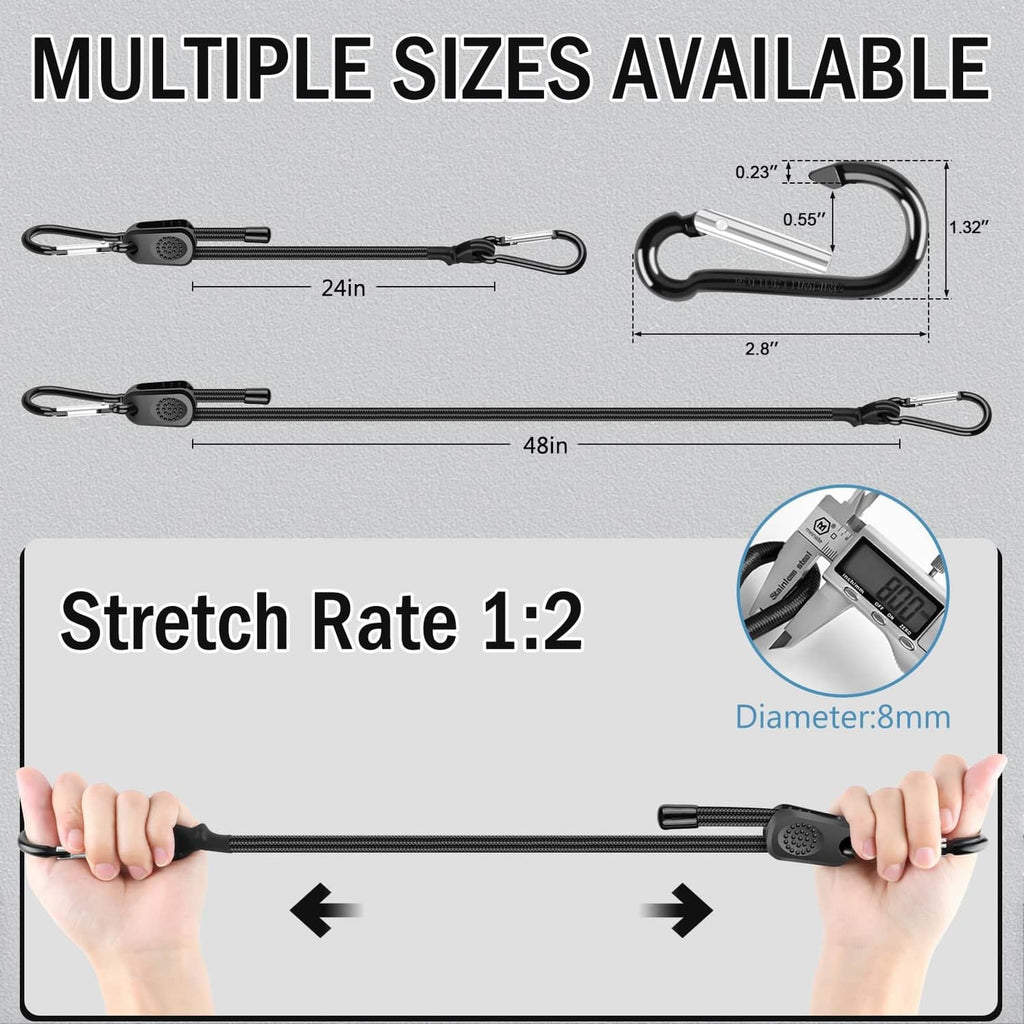 Adjustable black bungee cord set with silver hooks and a segmented length slider