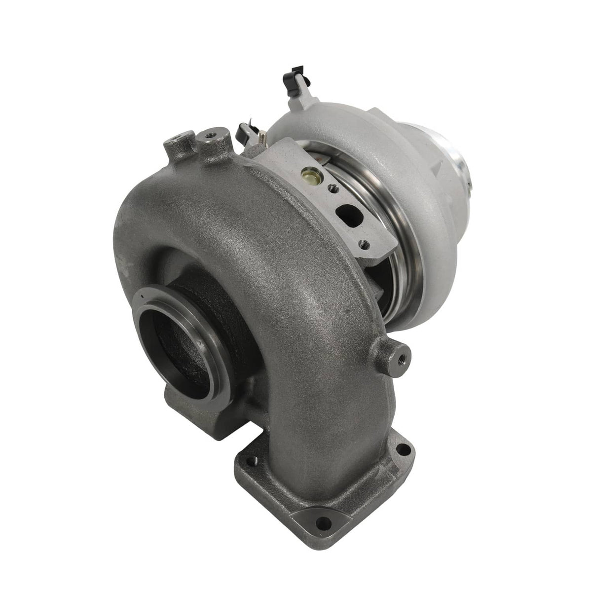 Turbocharger assembly with dark exhaust housing and silver compressor housing