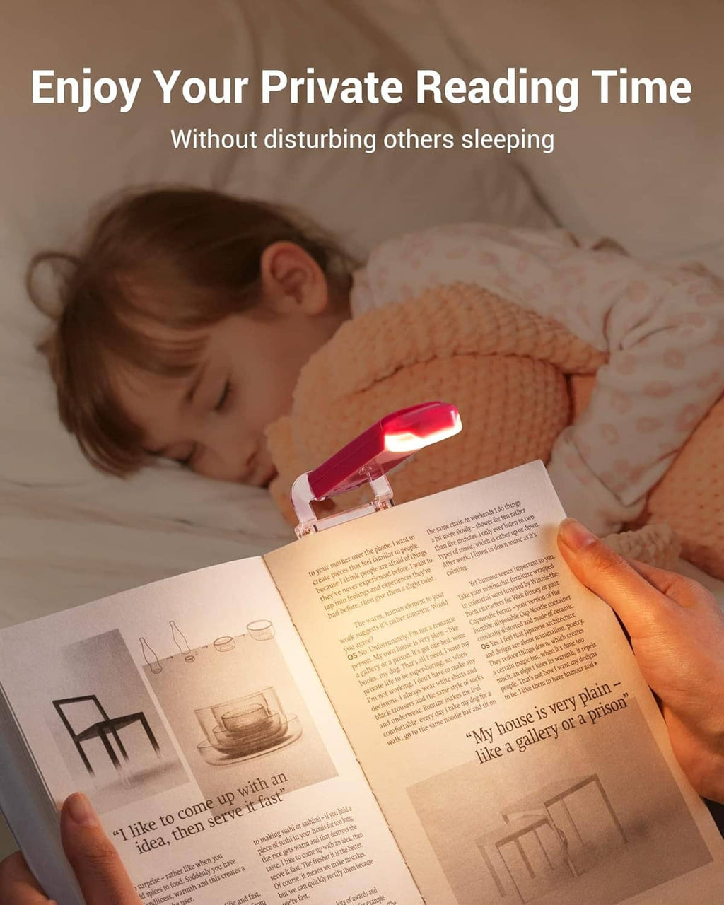 Pink clip-on LED reading light illuminating an open book near a sleeping child