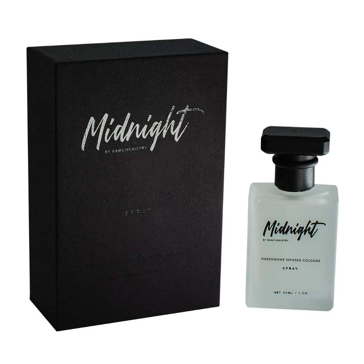 Pheromone-infused cologne spray bottle with black cap and matching black gift box