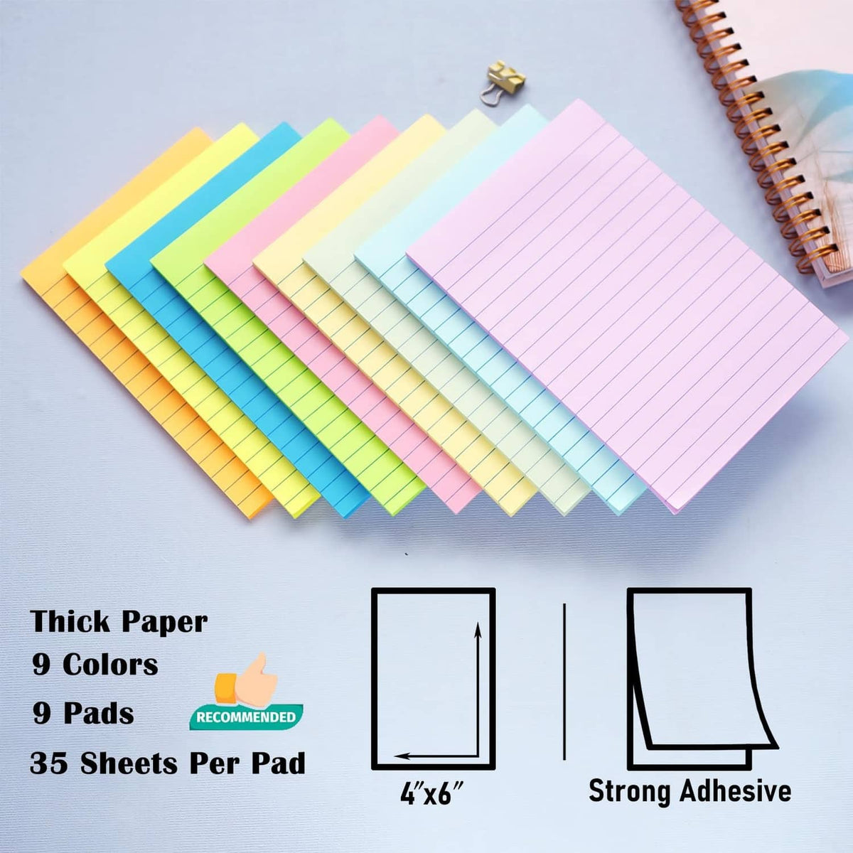 Assorted 4x6 lined sticky note pads with strong adhesive, in bright mixed colors