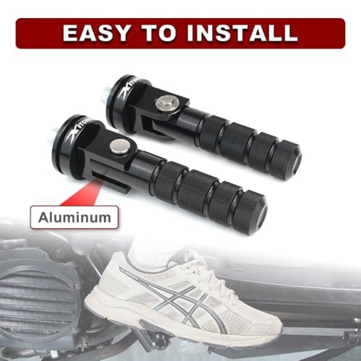 Black aluminum passenger footrest set with knurled pegs and two-piece mounting brackets
