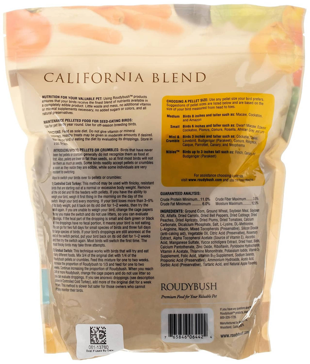 Roudybush California Blend bird food pouch, back label with feeding and ingredient details