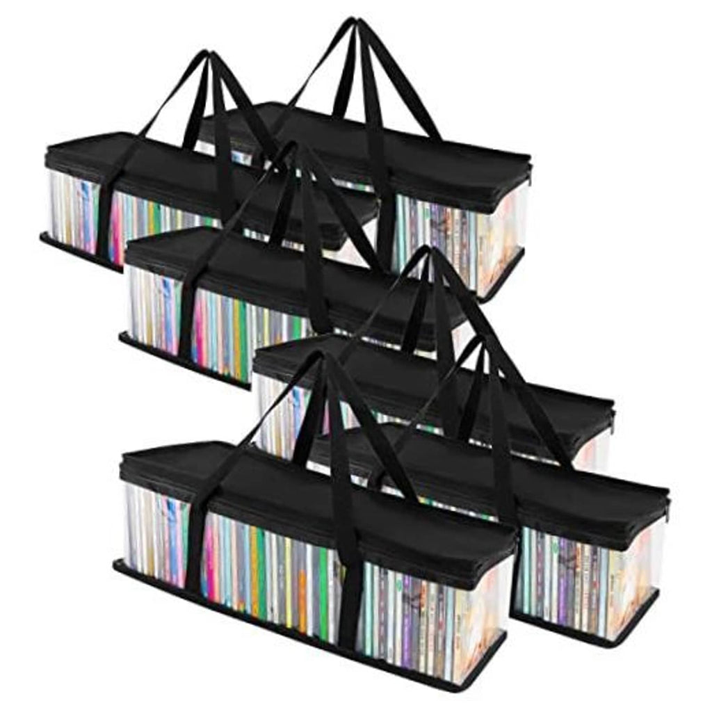 Set of 6 clear PVC CD storage bags with black handles and zippered tops