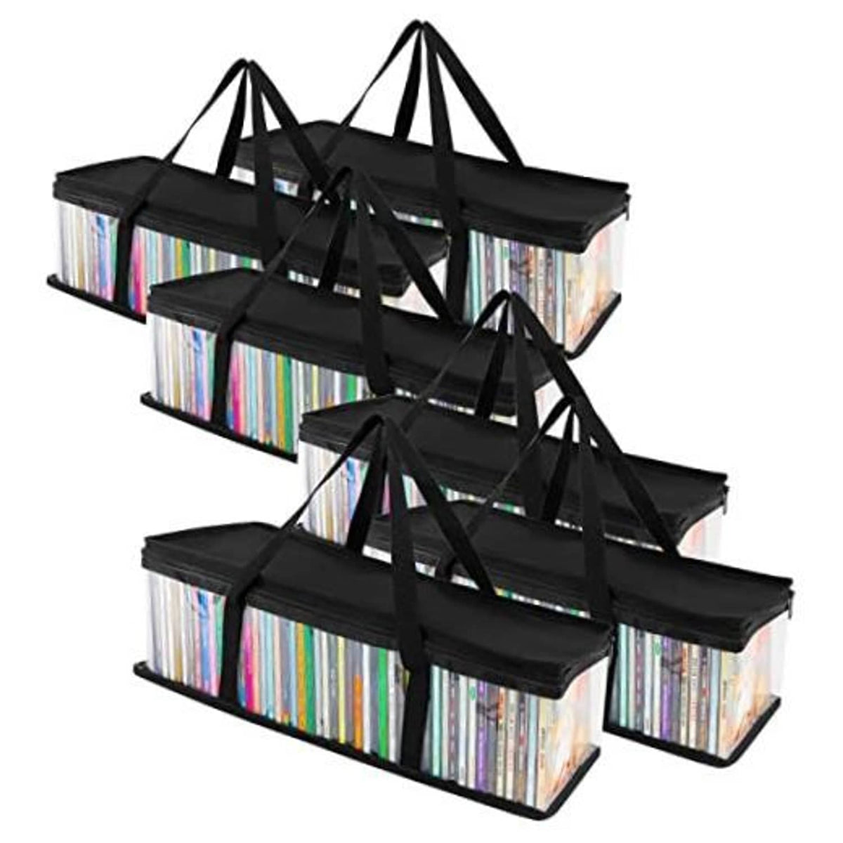Set of 6 clear PVC CD storage bags with black handles and zippered tops