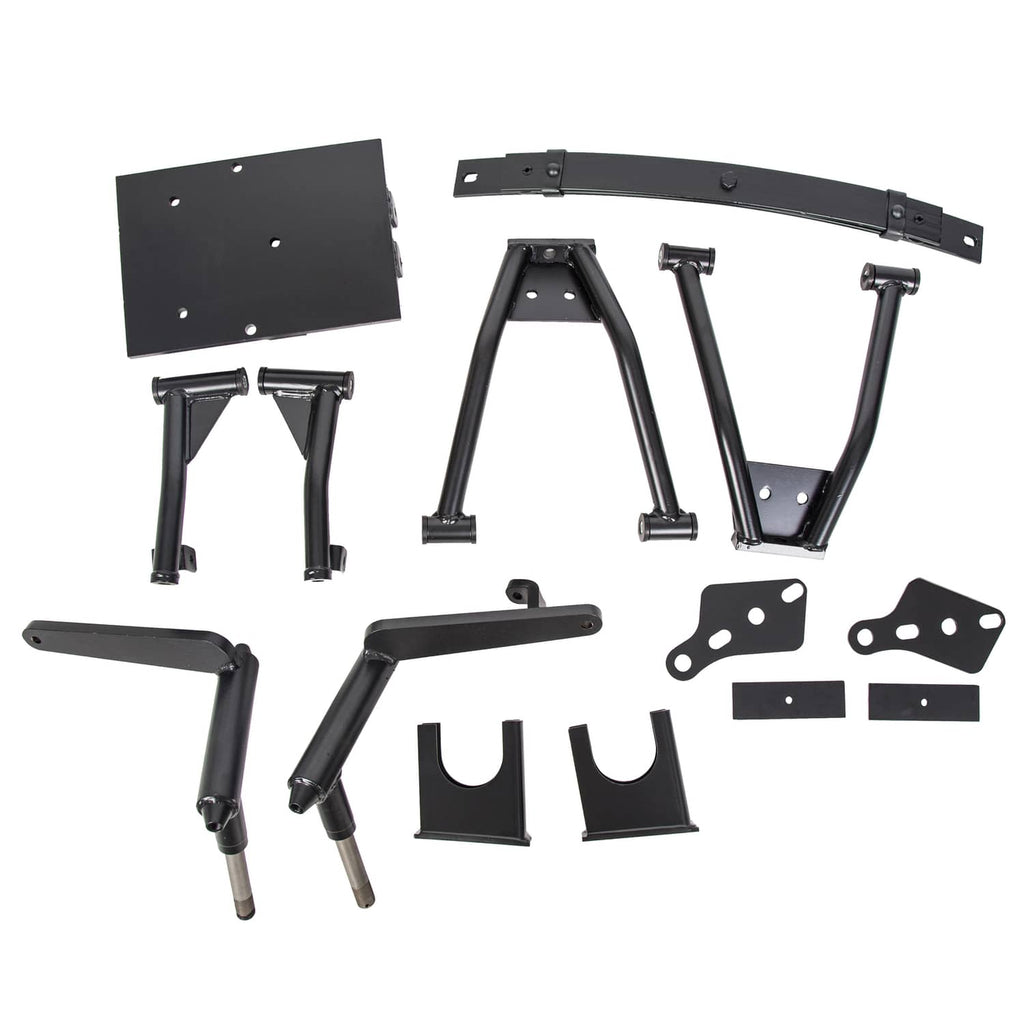 Lift kit components set: black frame brackets, arms, and mounting plates with pins