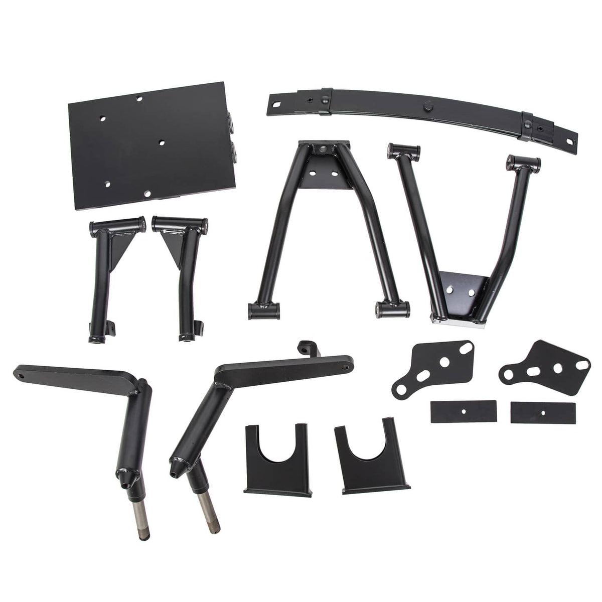 Lift kit components set: black frame brackets, arms, and mounting plates with pins
